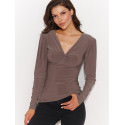 Fitted V-Neck Blouse with Metal Accent