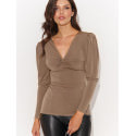 Fitted V-Neck Blouse with Metal Accent