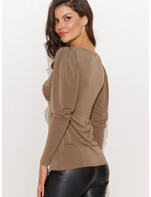 Fitted V-Neck Blouse with Metal Accent