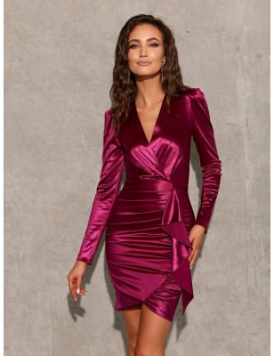 Satin Ruffled Front Long Sleeve Mini Dress
