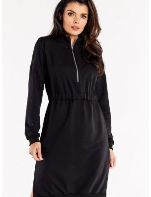 Long Sleeve Dress with Zippered Neckline and Side Slits