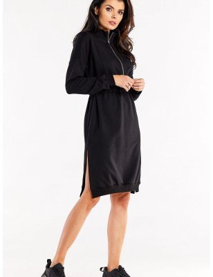 Long Sleeve Dress with Zippered Neckline and Side Slits