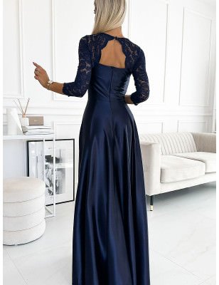 Elegant Navy Blue Lace Maxi Gown