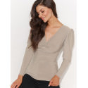 Fitted V-Neck Blouse with Metal Accent