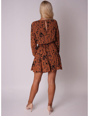 Camel Print Skater Dress Long Sleeve Button Neck