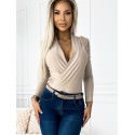 Beige Envelope Bodysuit Deep V Neckline Chic Bodysuit