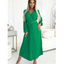 Pleated Midi Dress Envelope Neckline Light Green