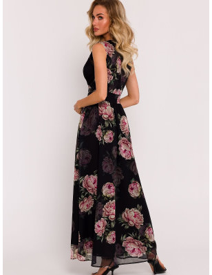 Chiffon Maxi Dress, Elegant V-Neck, Crinkled Belt, Flared Skirt