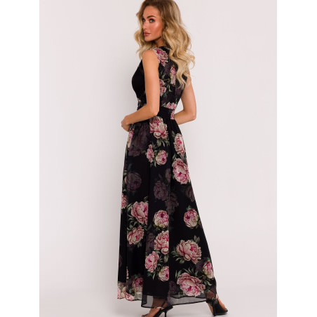 Chiffon Maxi Dress, Elegant V-Neck, Crinkled Belt, Flared Skirt