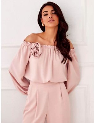 Spanish Style Elegant Satin Blouse with Rose Detailing