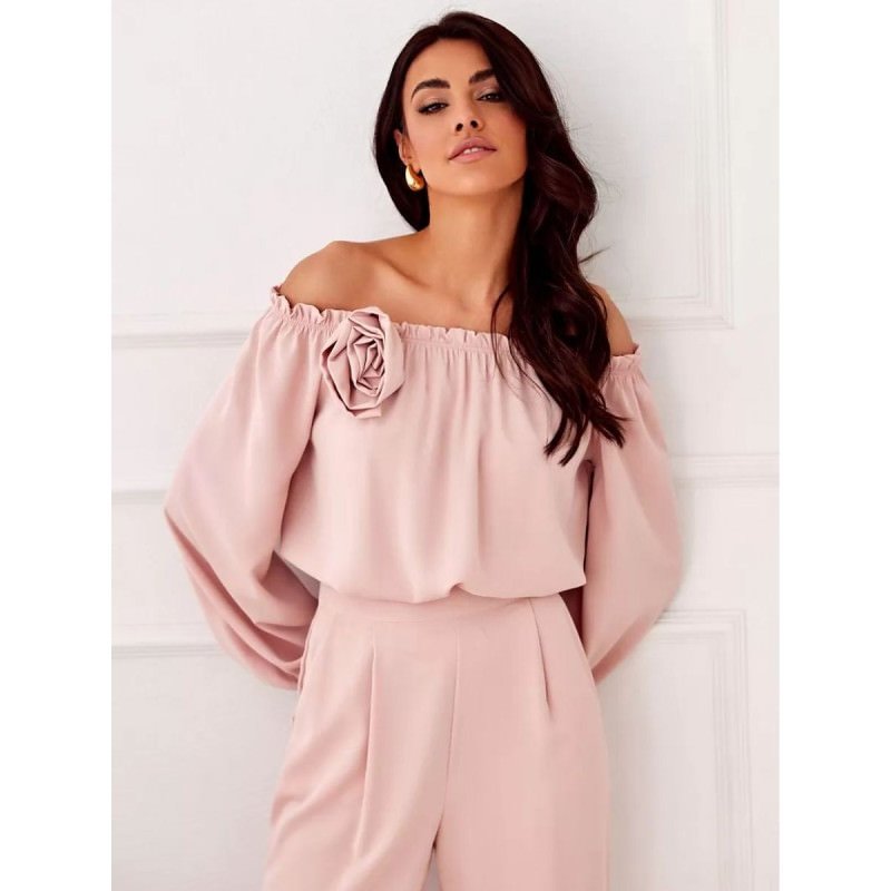 proSpanish Style Elegant Satin Blouse with Rose Detailing_Women`s Blouses, Tunics