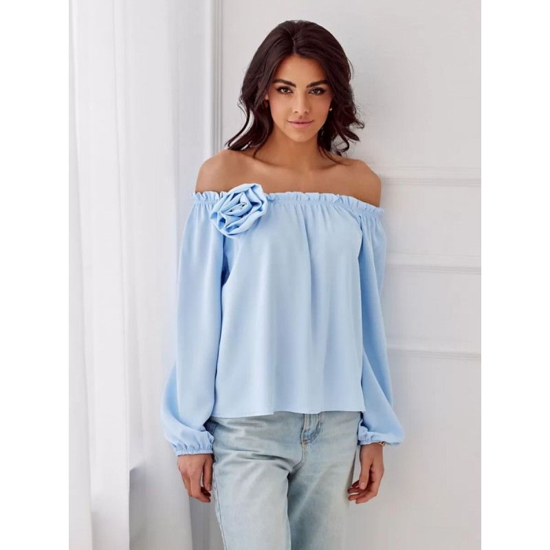 proSpanish Style Elegant Satin Blouse with Rose Detailing_Women`s Blouses, Tunics