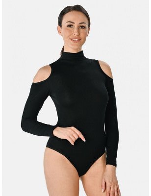 Elegant Black Bodysuit, Long Sleeve Cut-Out Design