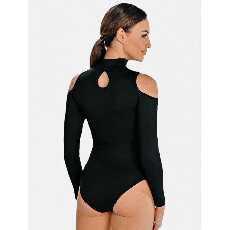 Elegant Black Bodysuit, Long Sleeve Cut-Out Design