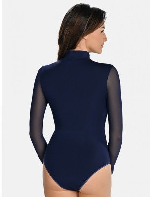 Blue Bodysuit Elegant Half-Golf Collar Adjustable