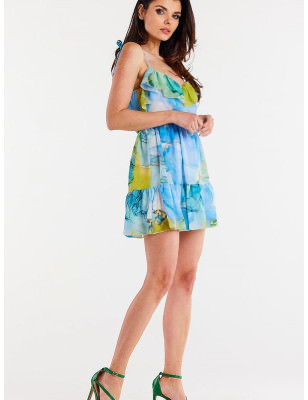 Chiffon Short Dress with Frill Neckline