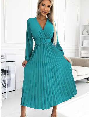 proMidi Pleated Envelope Neckline Long Sleeve Dress_Formal Dresses, Cocktail Dresses