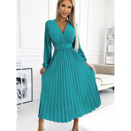 proMidi Pleated Envelope Neckline Long Sleeve Dress_Formal Dresses, Cocktail Dresses