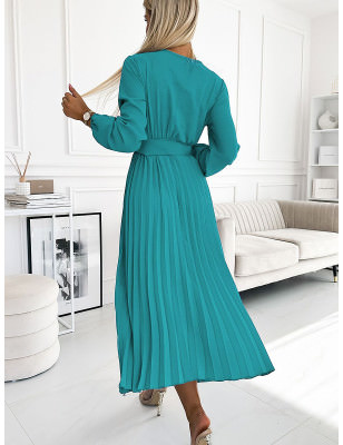 Midi Pleated Envelope Neckline Long Sleeve Dress