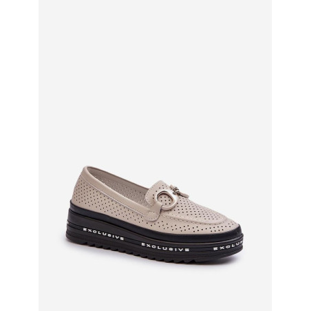 Women's Perforated Leather Loafers Platform Rounded Toe