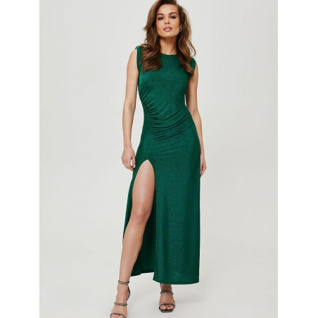 proMetallic Knitted Tube Dress with Shoulder Pads & High Slit_Evening Dresses