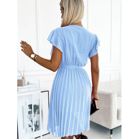 Chiffon Pleated Dress Blue Womens Elegant Ruched Waist