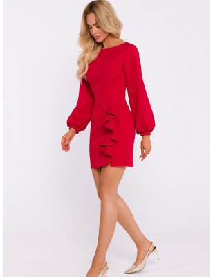 Stylish Mini Dress - Waist Cut, Flounce & Back Cutout