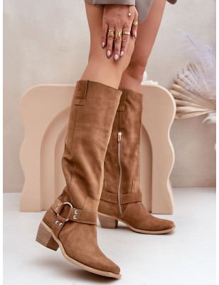 proWomen's Knee High Suede Boots with Stripes & Square Toe_Over the Knee High Boots, Thigh High Boots