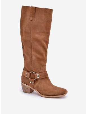 Women's Knee High Suede Boots with Stripes & Square Toe