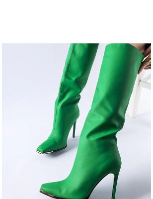 Green High Heel Winter Boots Slip-on Square Toe