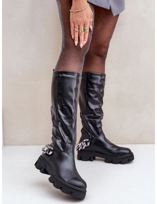 Knee-High Eco Leather Boots - Chain Detailing, Flat Heel