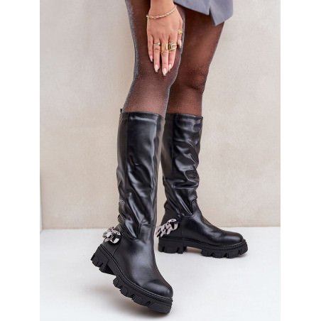 proKnee-High Eco Leather Boots - Chain Detailing, Flat Heel_Over the Knee High Boots, Thigh High Boots