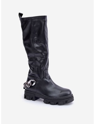 Knee-High Eco Leather Boots - Chain Detailing, Flat Heel