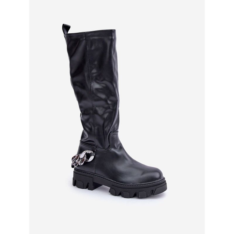 proKnee-High Eco Leather Boots - Chain Detailing, Flat Heel_Over the Knee High Boots, Thigh High Boots