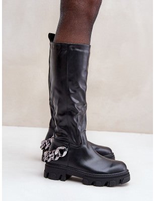 Knee-High Eco Leather Boots - Chain Detailing, Flat Heel