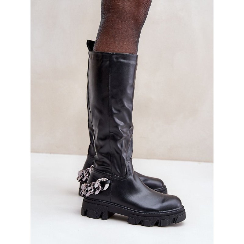 proKnee-High Eco Leather Boots - Chain Detailing, Flat Heel_Over the Knee High Boots, Thigh High Boots