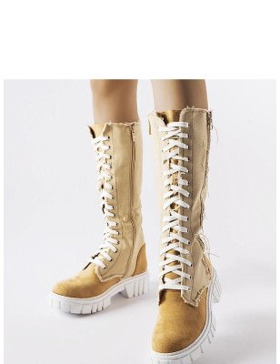 Beige Fabric Insulated Lace-Up Winter Boots