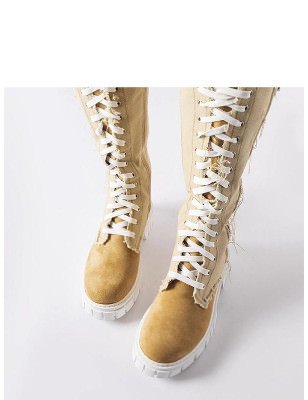 Beige Fabric Insulated Lace-Up Winter Boots