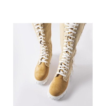 Beige Fabric Insulated Lace-Up Winter Boots