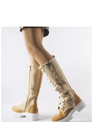 Beige Fabric Insulated Lace-Up Winter Boots