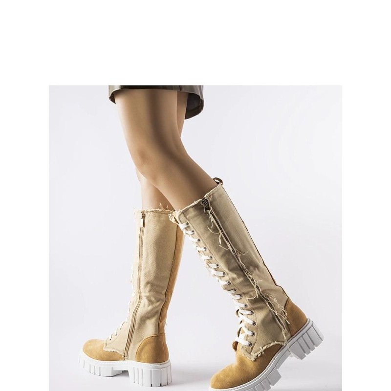 proBeige Fabric Insulated Lace-Up Winter Boots_Over the Knee High Boots, Thigh High Boots