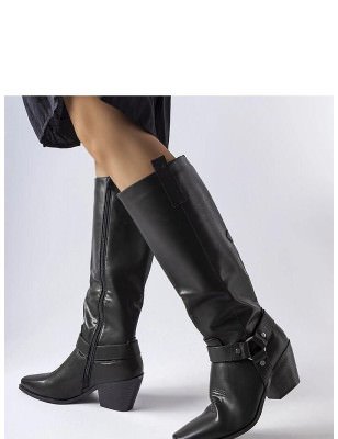 Black Square Toe Cowboy Boots for Women - Side Zipper Closure