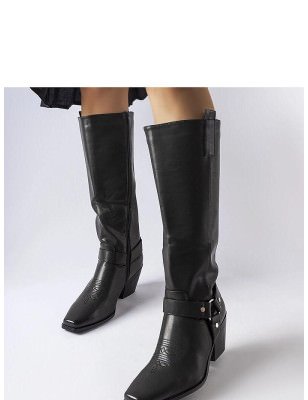 Black Square Toe Cowboy Boots for Women - Side Zipper Closure