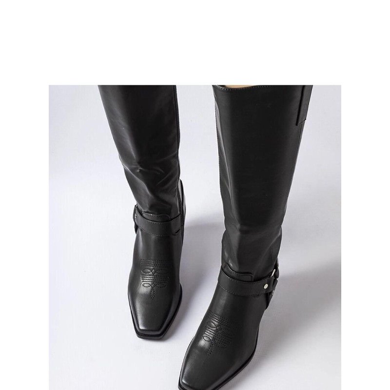 proBlack Square Toe Cowboy Boots for Women - Side Zipper Closure_Over the Knee High Boots, Thigh High Boots