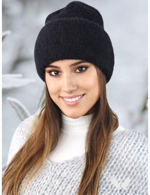 Black Women's Winter Alpaca Blend Hat Wide Forehead Cuff Stretchy Fit