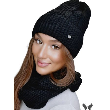 proSAFONA Women's Black Knit Hat and Snood Set_Caps & Hats for Women