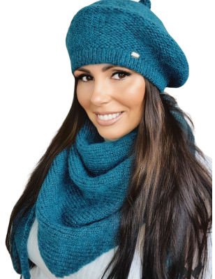 Turquoise Women's Beret, Winter Warm Ribbed Beanie with Antenna Detail