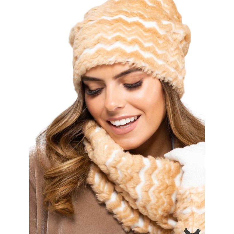 proWomen's Winter Set Beige Fur Pattern Cozy Warm Hat Neck Warmer_Caps & Hats for Women