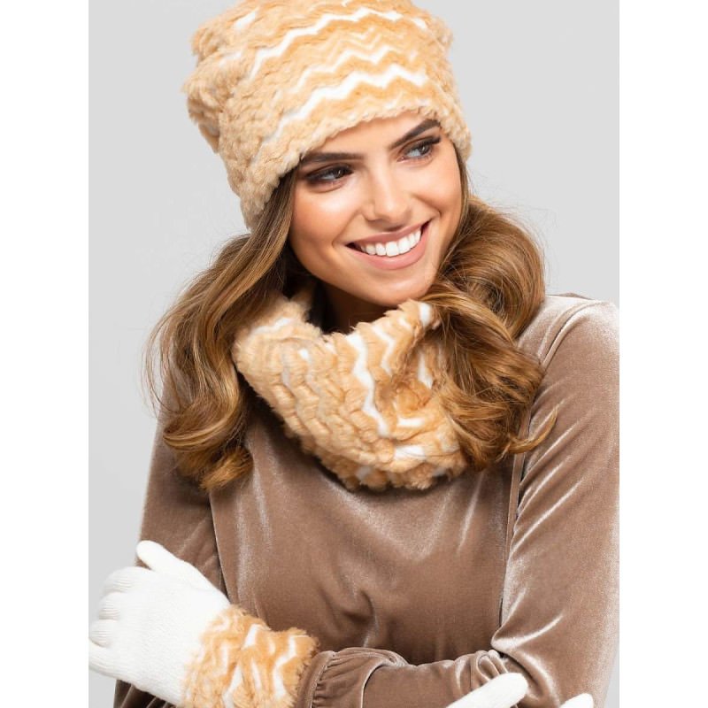 proWomen's Winter Set Beige Fur Pattern Cozy Warm Hat Neck Warmer_Caps & Hats for Women