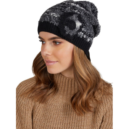 proBlack Women's Winter Hat - Crochet Flower Appliqué Cozy Bouclé_Caps & Hats for Women